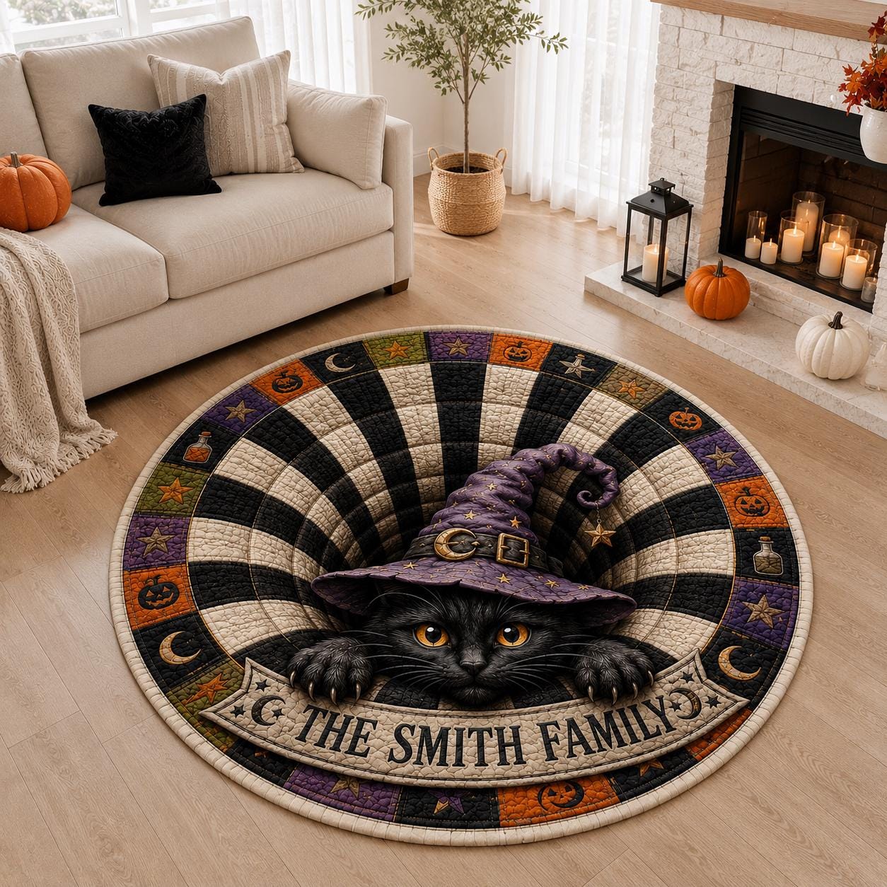 Black Cat Witch Custom Round Round Quilted Rug