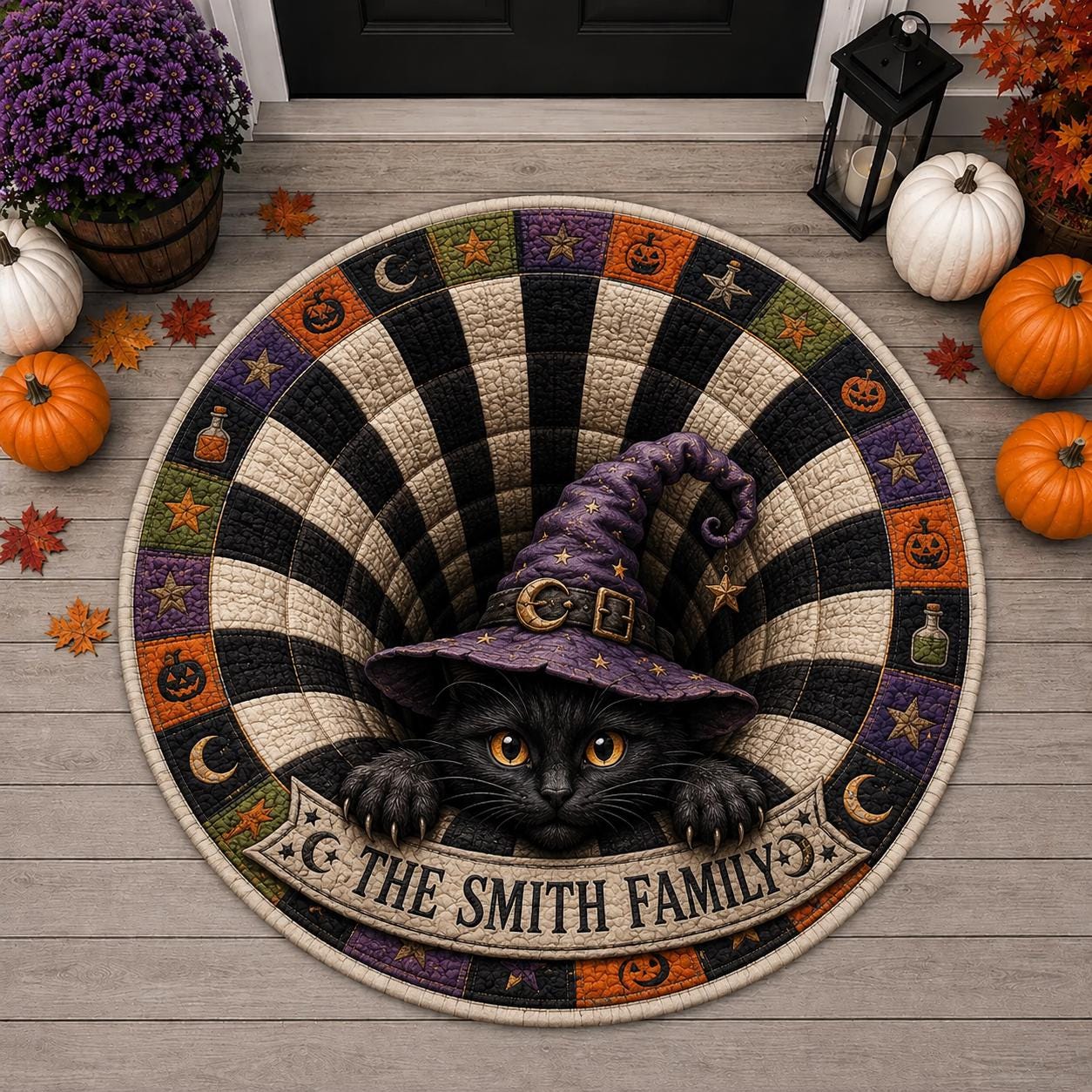 Black Cat Witch Custom Round Round Quilted Rug - Image 2