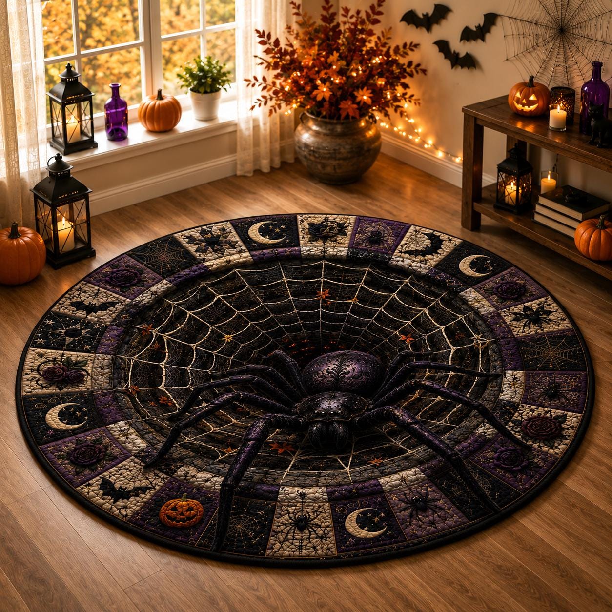 3D Giant Spider Web Round Round Quilted Rug