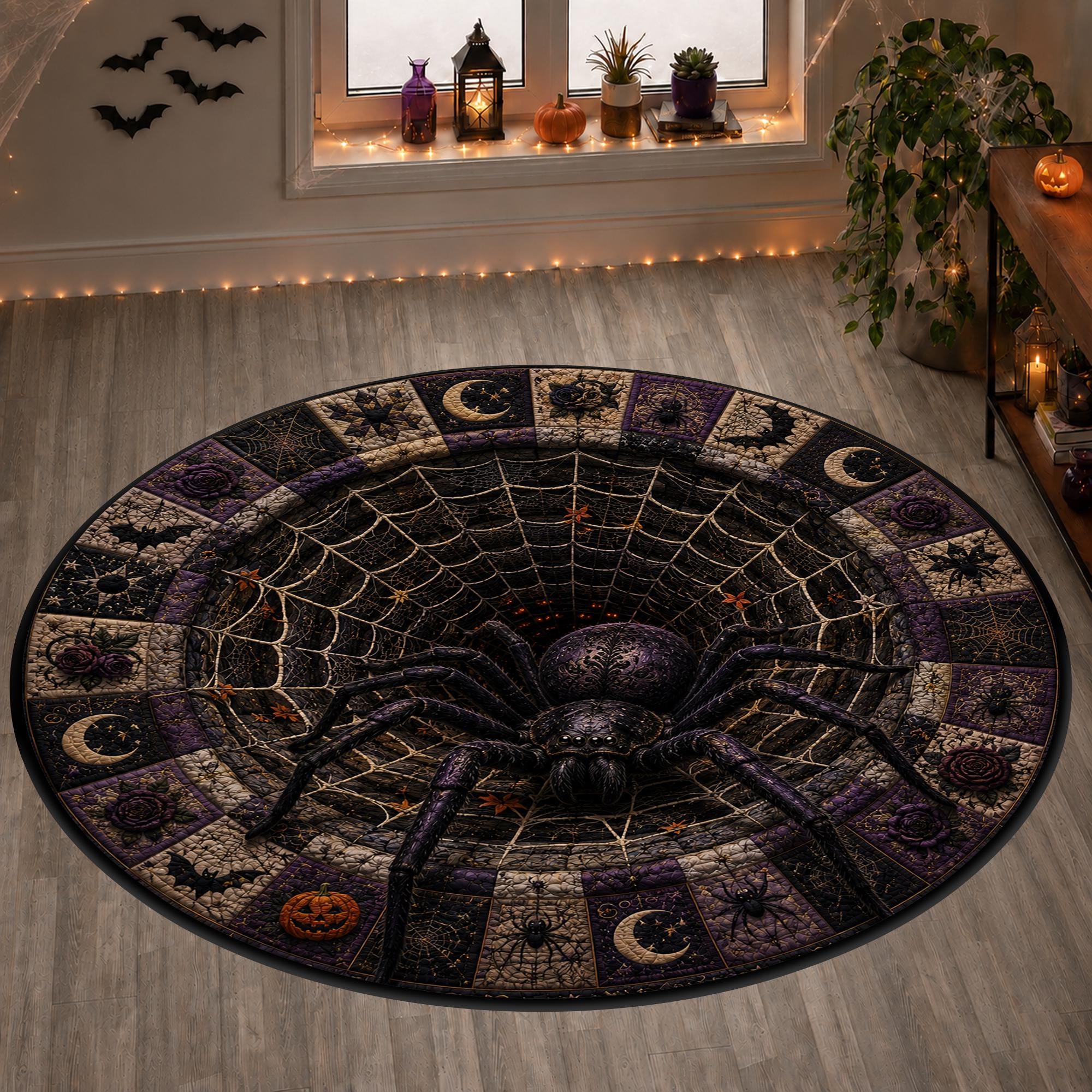3D Giant Spider Web Round Round Quilted Rug - Image 2