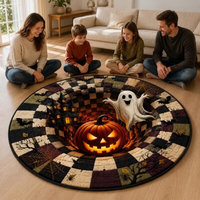 3D  Pumpkin Ghost Gothic Castle Round Quilted Rug