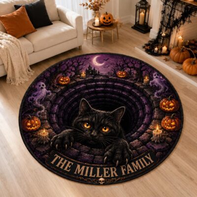 Mystic Black Cat Pumpkin Custom Round Quilted Rug