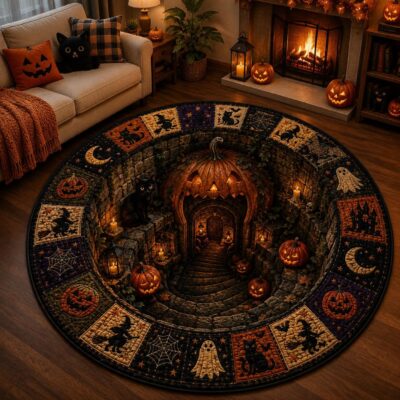 3D Pumpkin Crypt Black Cat Round Quilted Rug