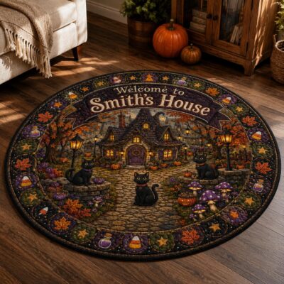 Haunted House Cat Pumpkin Custom Round Quilted Rug