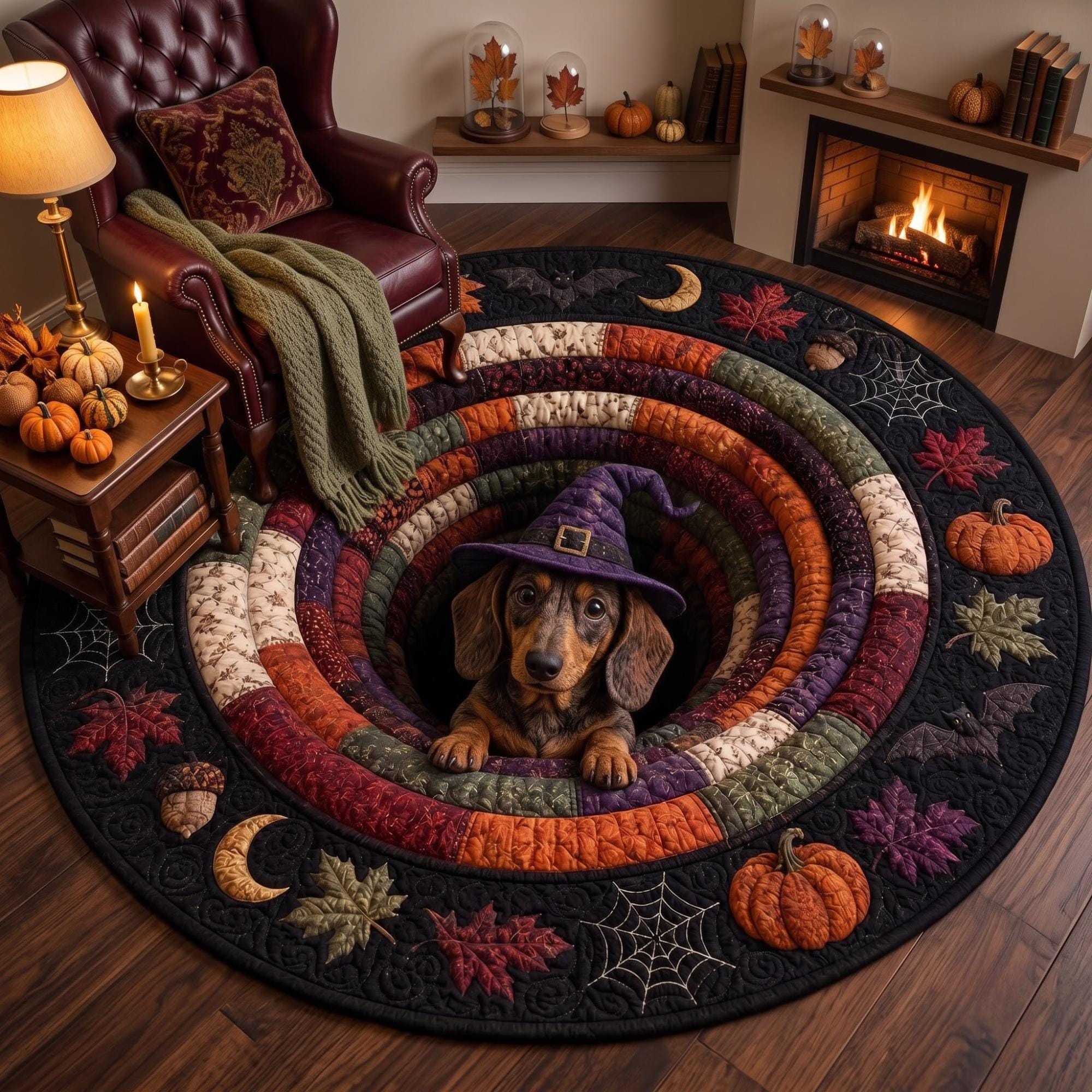 3D Dachshund Witch Dog Round Round Quilted Rug - Image 2
