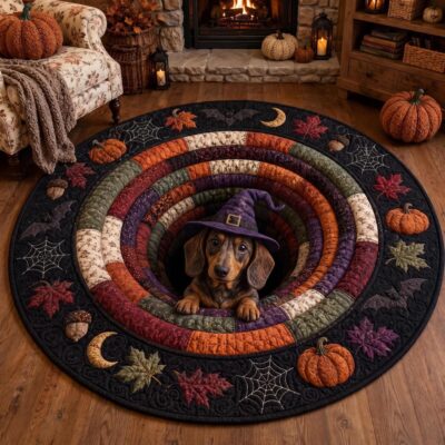 3D  Dachshund Witch Dog Round Round Quilted Rug