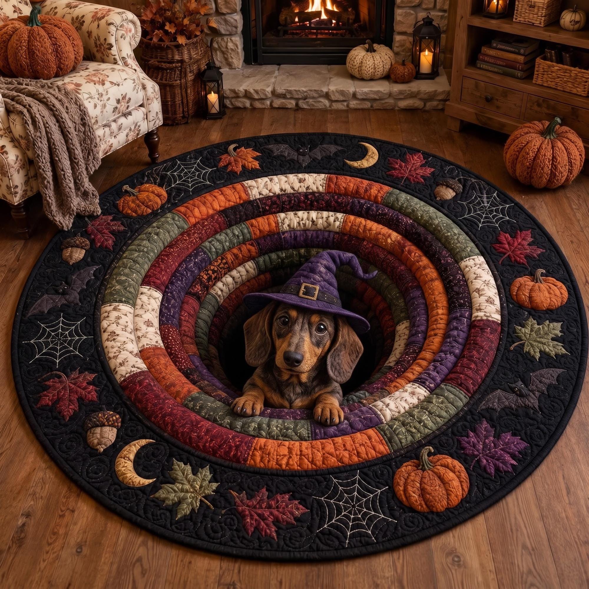 3D Dachshund Witch Dog Round Round Quilted Rug