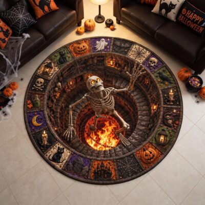 3D  Skeleton Haunted Gothic Area Round Quilted Rug
