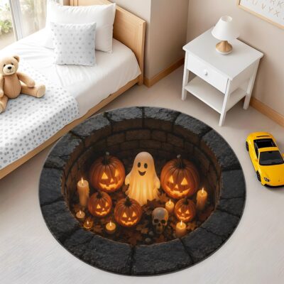 3D Jack O Lantern Ghost Round Quilted Rug