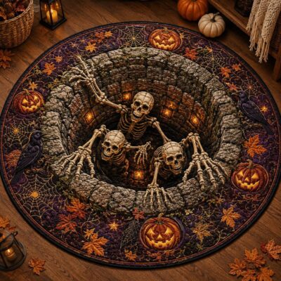 3D Skeleton Bottomless Pit Round Round Quilted Rug
