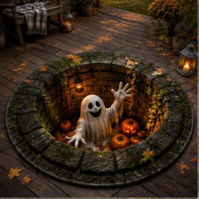 3D Ghost Stone Well Round Round Quilted Rug