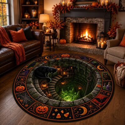 3D Haunted Pit Black Cat Round Quilted Rug