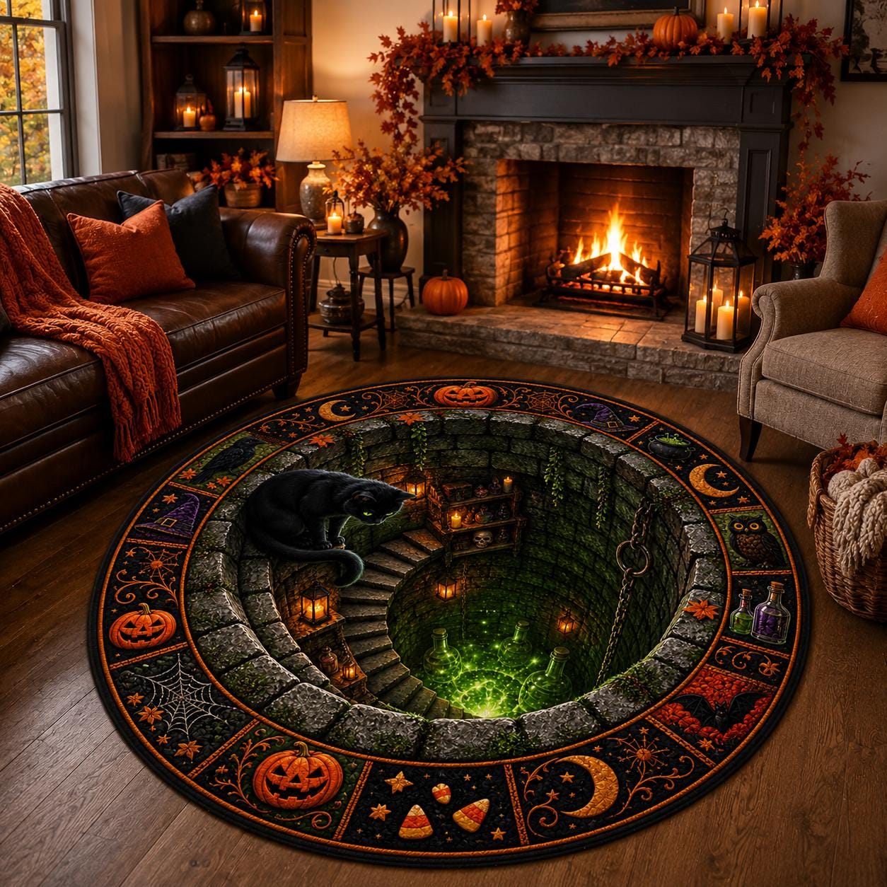 3D Haunted Pit Black Cat Round Quilted Rug
