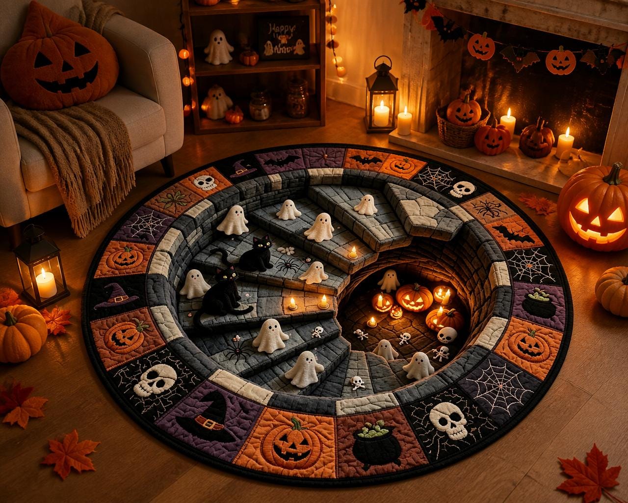 3D Pumpkin Dungeon Quilted Round Round Quilted Rug