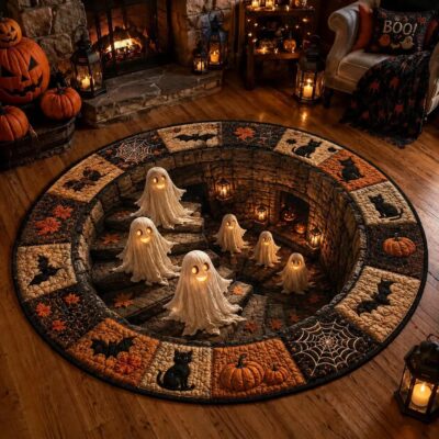 3D  Dimensional Pumpkin Skeleton Vortex Round Quilted Rug